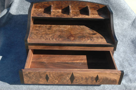 custom valet box with drawer shelf figured walnut inlay ebon trim front drawer open