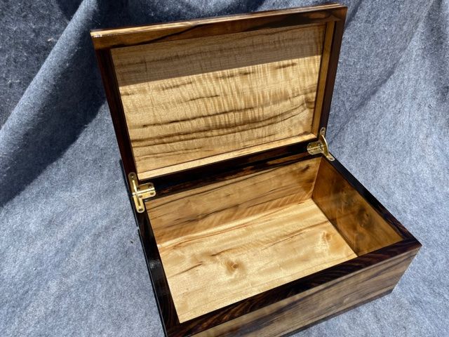 myrtle burl keepsake box walnut trim open