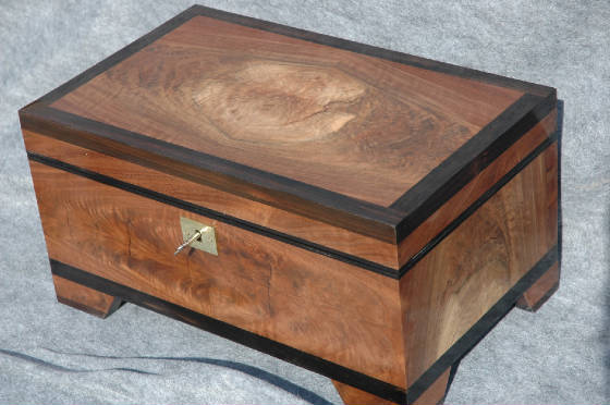 high quality keepsake box  bookmatch crotch walnut ebony trim lock top front