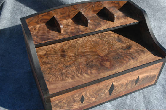 custom valet box with drawer shelf figured walnut inlay ebon trim top