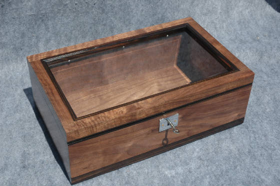 custom handcrafted display box glass top lock ebony trim top front